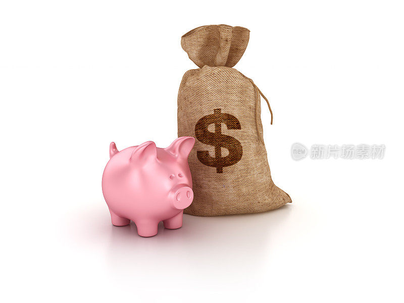 小猪银行与美元钱袋- 3D渲染